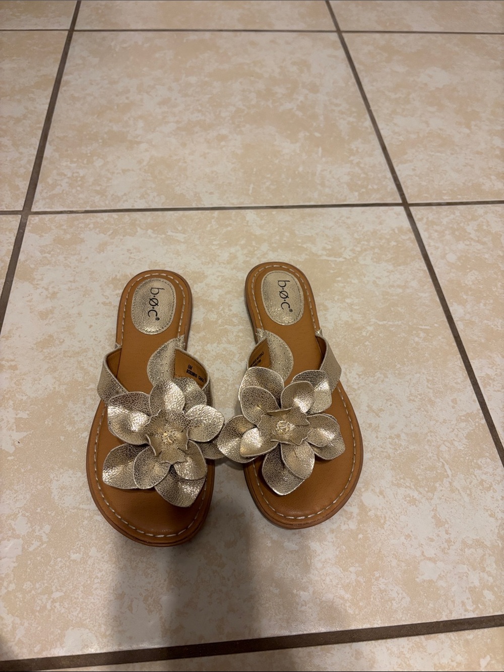 b.o.c. Gold Floral Leather Slide Sandals